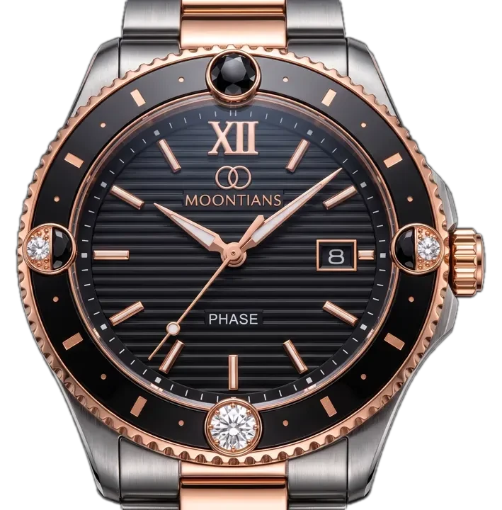 The LD27 Sport-Luxe: two-tone steel and rose-gold bracelet, black ring bezel with a coin edge, black spinel at 12, pavé at 3 and 9, a brilliant at 6.